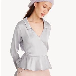 NWT Silver Wrap Peplum Top with Flared Sleeves